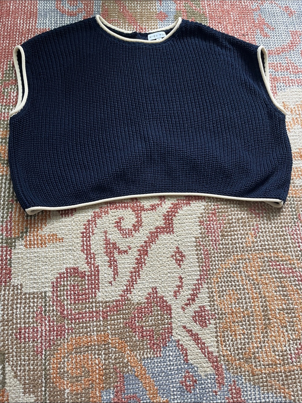 Miou Muse Navy Blue Cropped Knit Sleeveless Top Size M Cream Trim